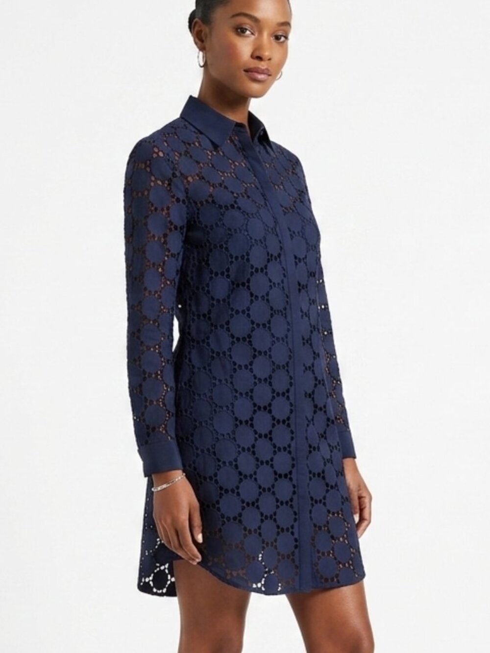 Anne Fontaine Navy Blue Eyeless long Sleeve Button Front Dress Women's Size 6